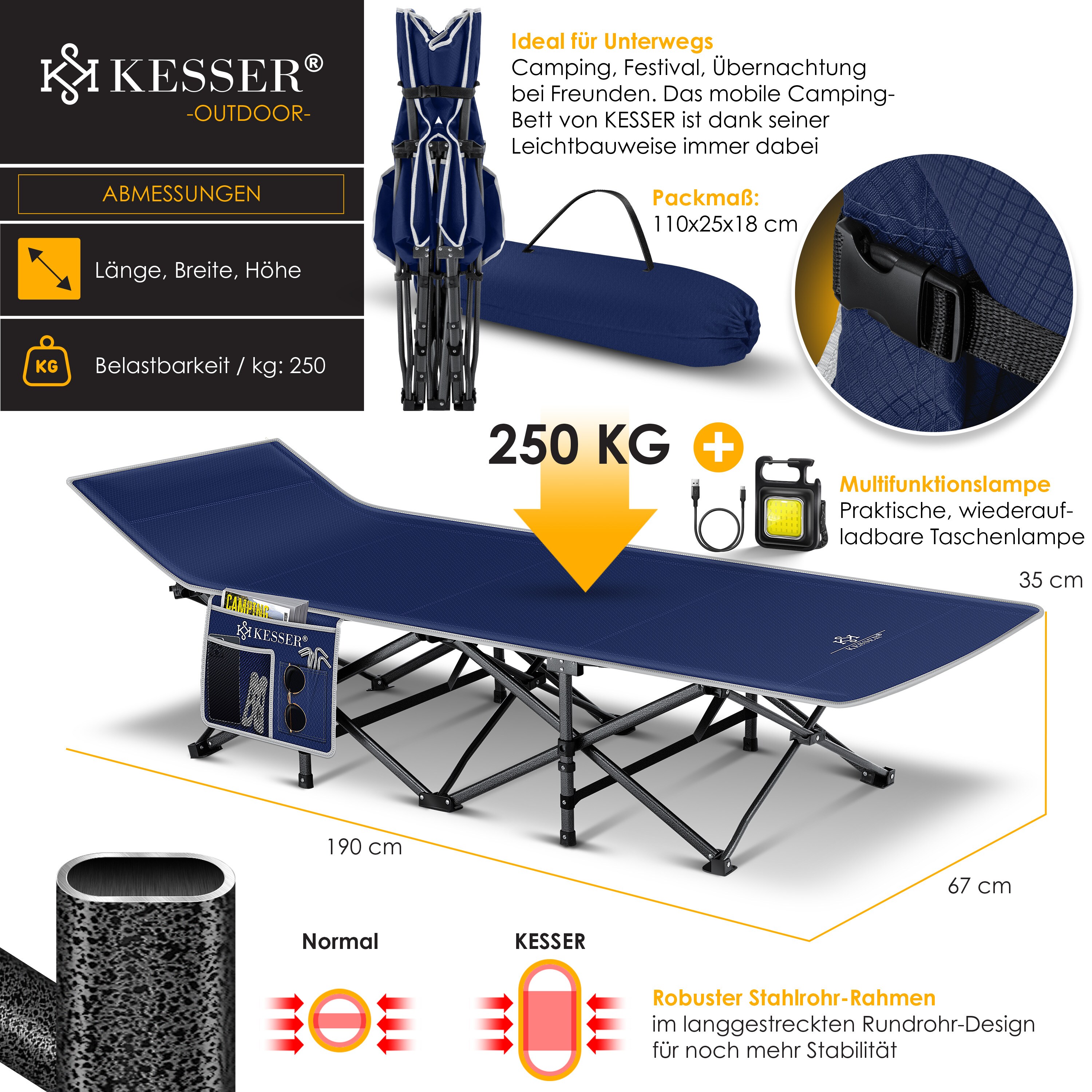 KESSER® Campingbett Feldbett Klappbar Klappbett Campingliege inkl. Tragetasche + Seitentasche Stabiles Feldbett 250kg Belastbar Metallrohr 600D Oxfordgewebe Tragbar Liege Reise Bequem