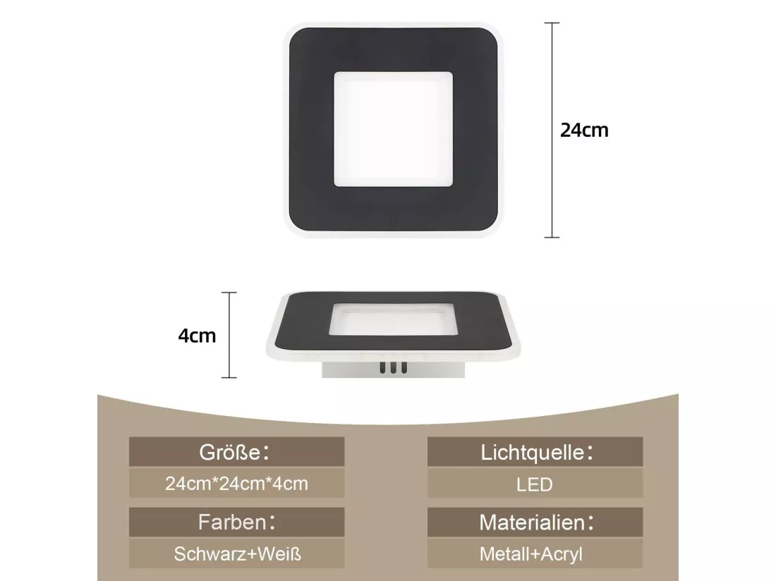 NETTLIFE Plafonnier LED 23W noir 24cm lampe de cuisine blanc chaud design moderne lampe de chambre carré couloir pour salon