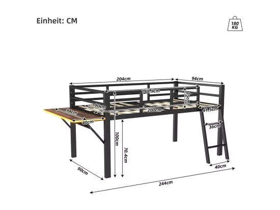 Lit plat en métal 90 x 200 cm, rails, échelle, bureau, télécommande Bande LED, noir
