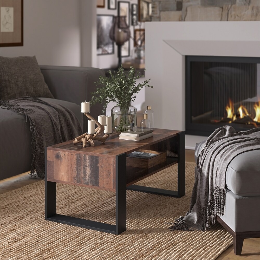 Vicco Couchtisch Olli Antikholz-Optik Schwarz 92 x 45,6 cm mit Ablage
