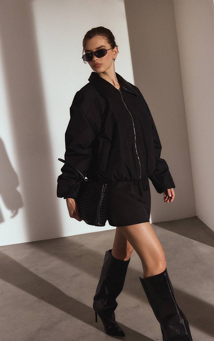 Noir Bomber En Nylon À Col Matelassé