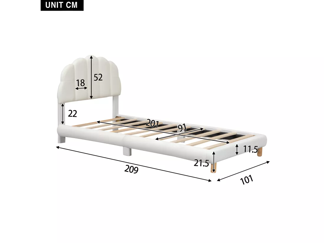 Lit enfant simple 90x200cm rembourré en tissu peluche - avec sommier à lattes en MDF - Beige