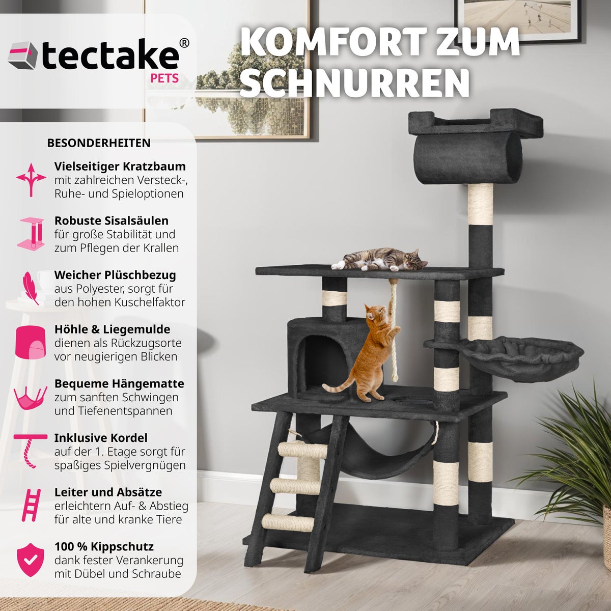 tectake Stokeley 141 cm krabpaal inclusief speeltouw en anti-kantelvoorziening