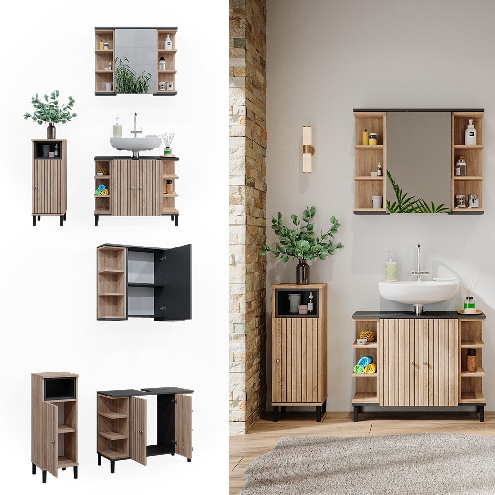 Vicco Badmöbel-Set Aquis, Sonoma Anthrazit, Badezimmer, moderne Badserie, Waschtischunterschrank, Spiegelschrank, Midischrank