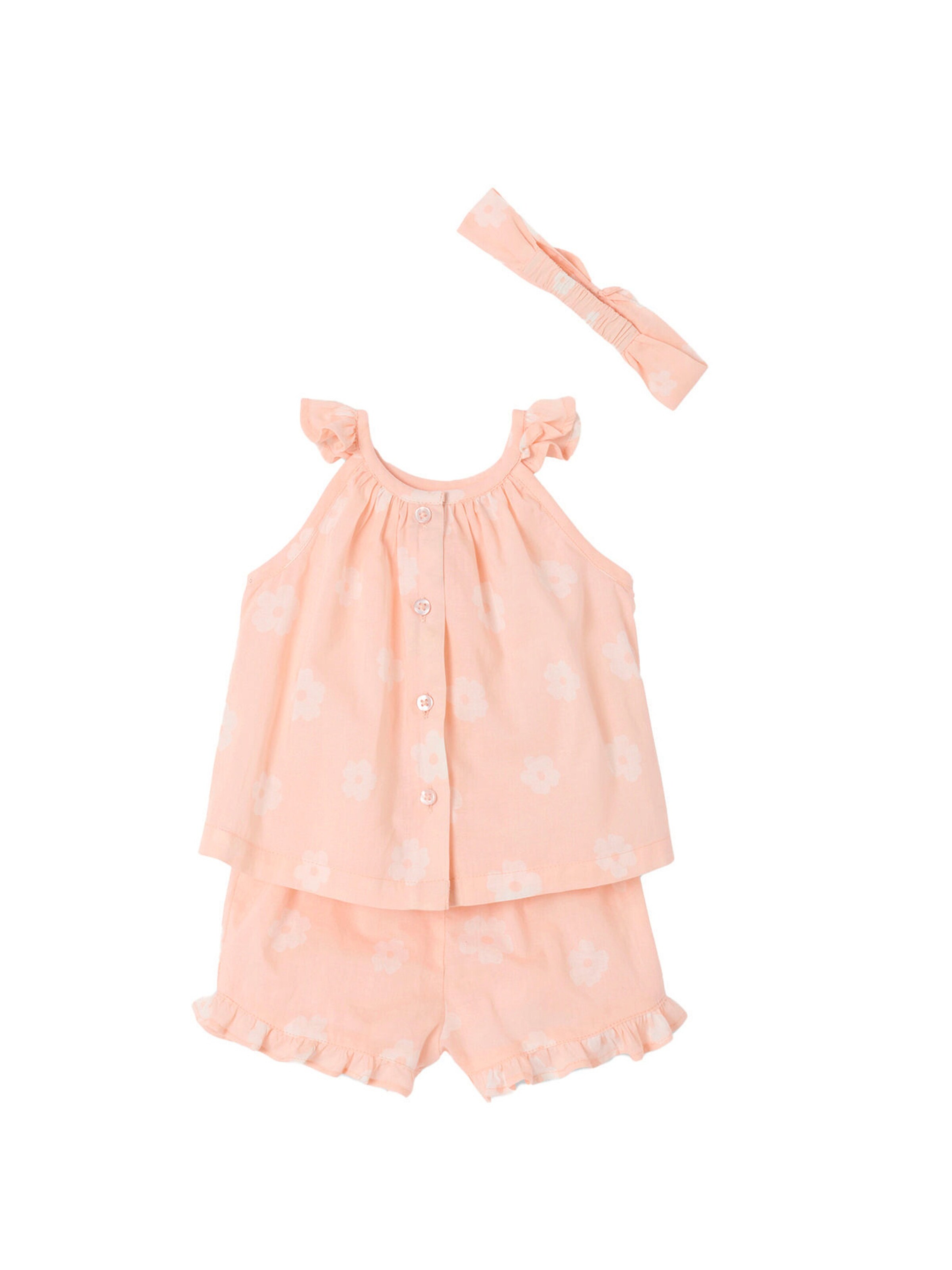 Vertbaudet Bedrucktes Mädchen Baby-Set: Top, Shorts & Haarband hellrosa