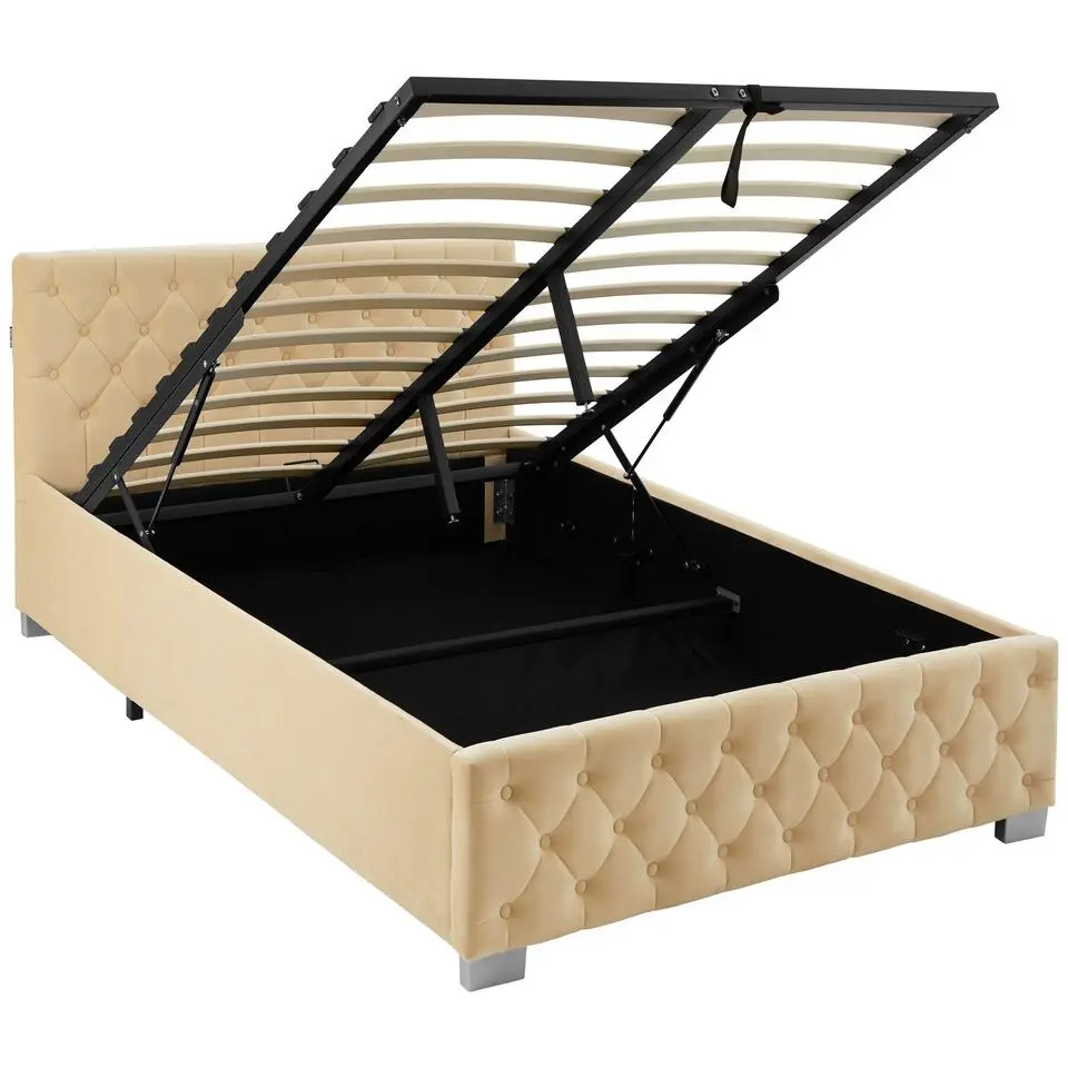 tectake Gestoffeerd bed met LED & opbergruimte, 120 x 200 cm, Beige