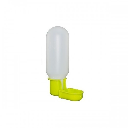 Comedouro para pássaros branco e amarelo com garrafa