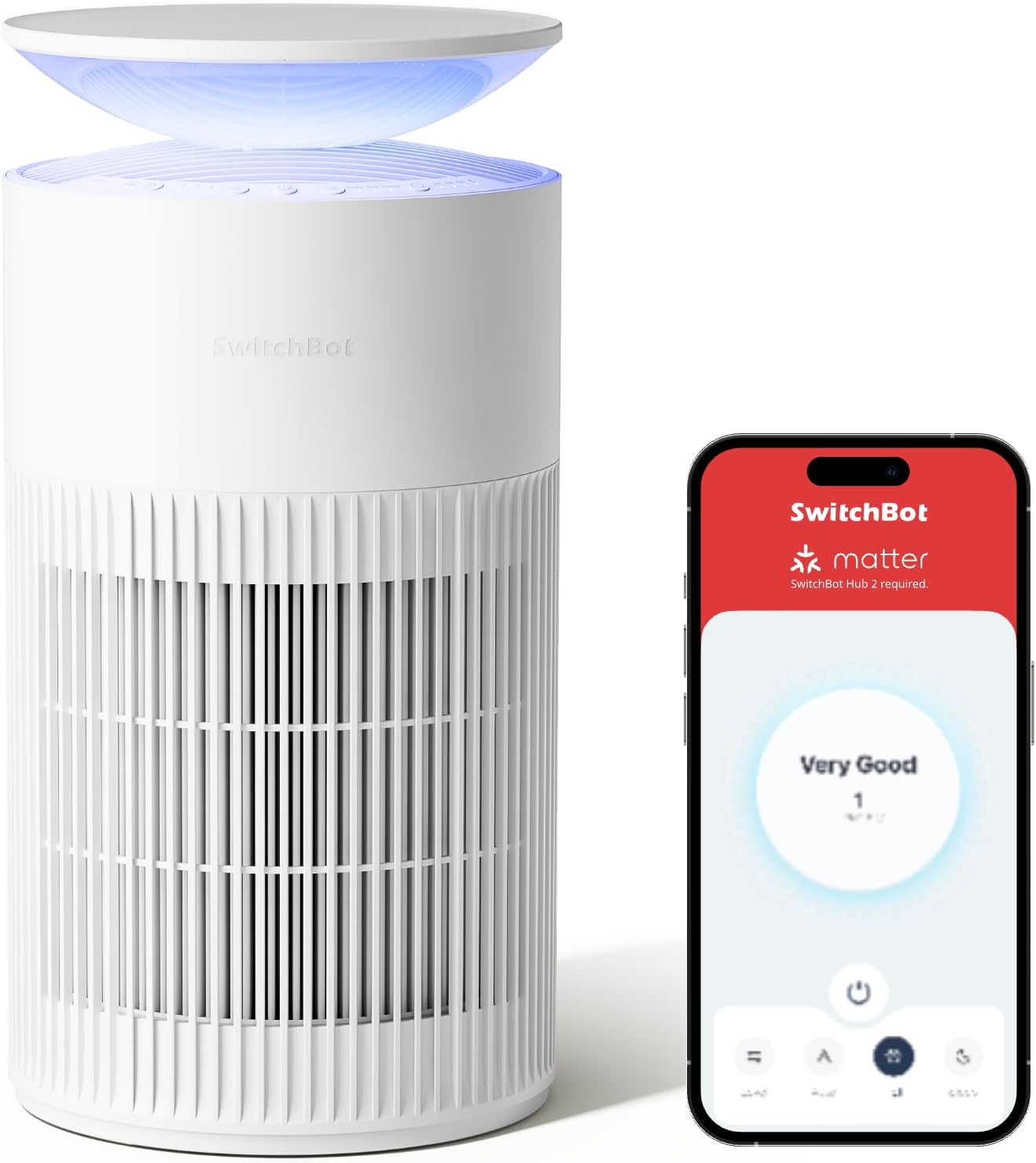SwitchBot Luftreiniger mit App-Steuerung und Nachtlicht, CADR 400m³/h bis zu 83㎡ Zimmer, HEPA-Filter entfernt 99,97% Schimmel Staub Pollen, 20dB Schlafmodus, Haustiermodus für Familien mit Haustieren