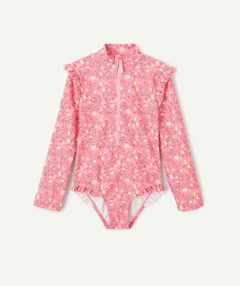 COMBINAISON ANTI-UV FILLE EN FIBRES RECYCLÉES ROSE AVEC IMPRIMÉ FLEURS