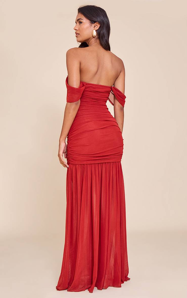 Rouge Robe Longue En Mesh À Épaules Dénudées Avec Détails Froncés