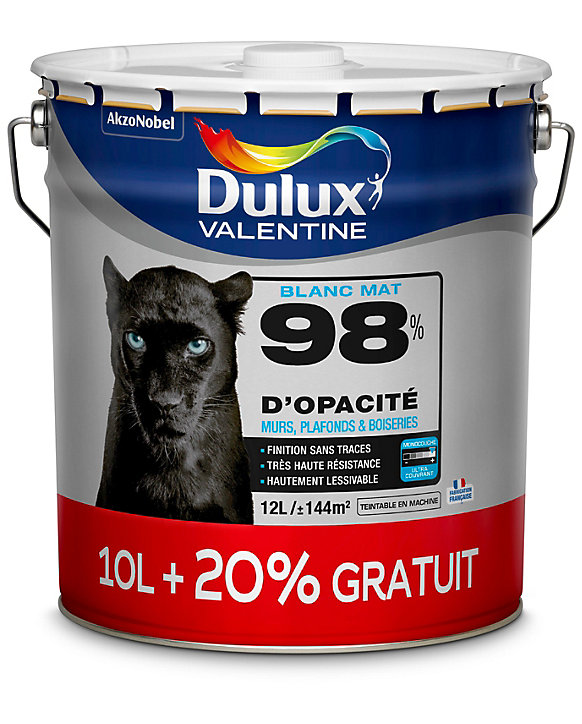 Peinture murs plafonds et boiseries Dulux Valentine 98% monocouche mat blanc 10L +20% gratuit