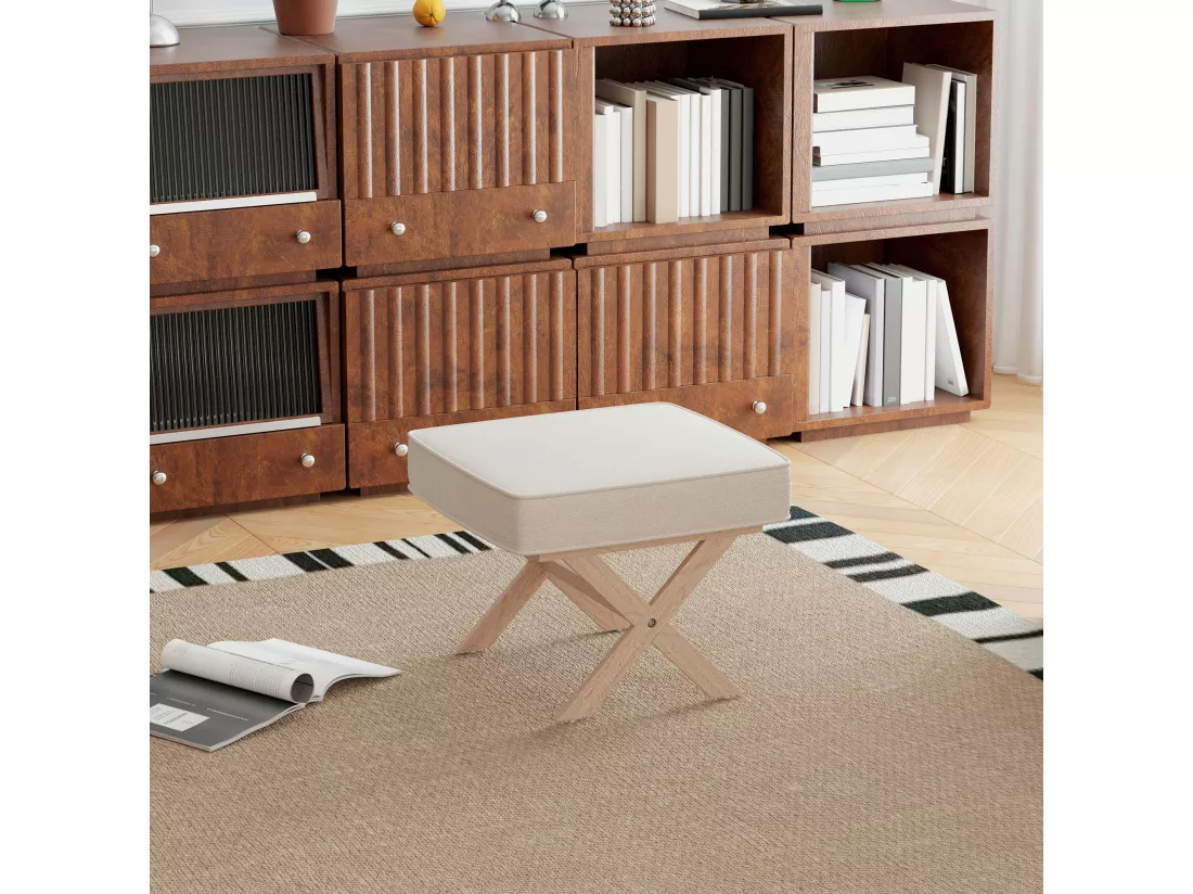 Pouf repose-pied style nordique piètement croisé bois hévéa tissu beige
