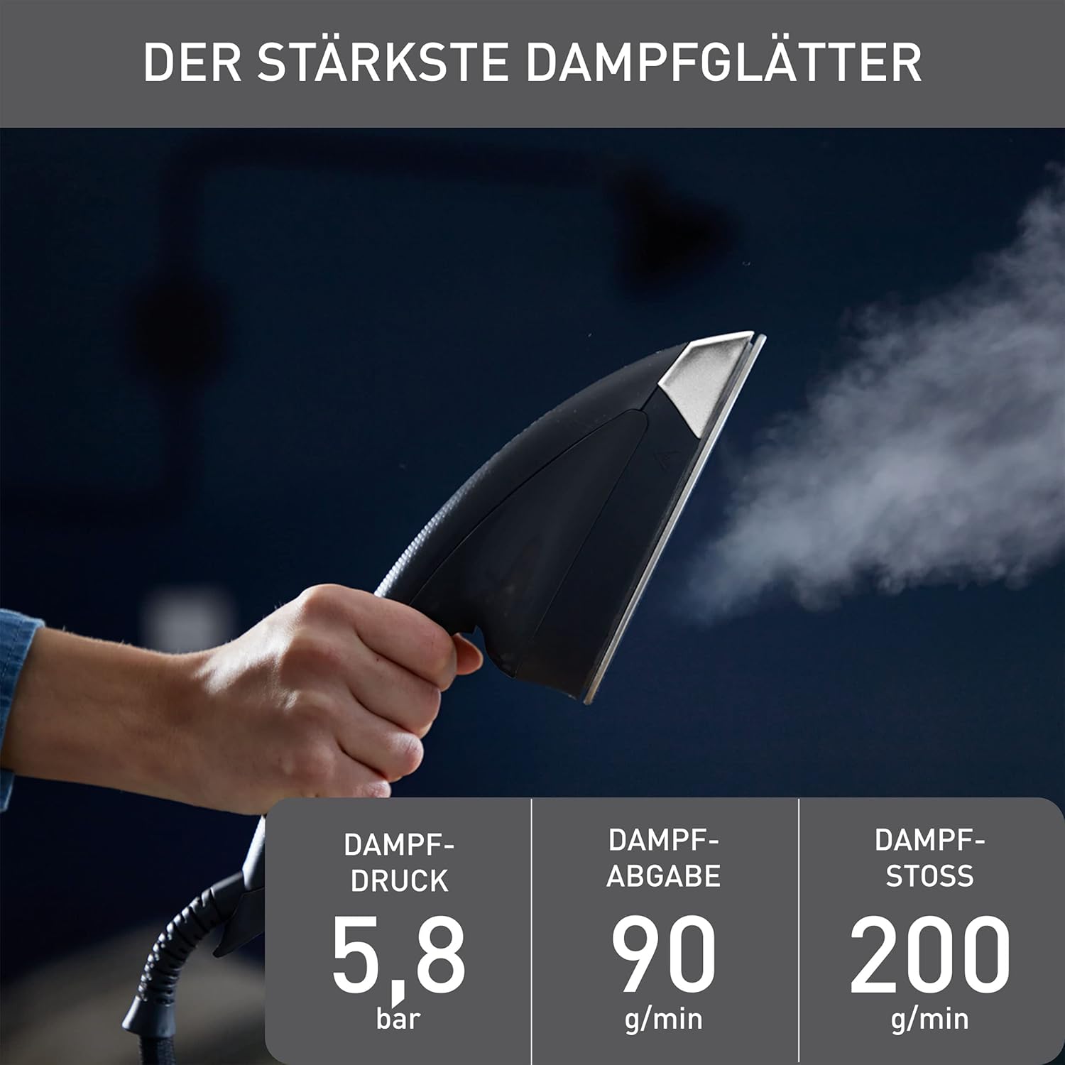 Tefal Ixeo Power All-In-One Dampfglätter, inkl. 3-Positionen Smart Board, 5,8 bar Dampfdruck, Hochdruckdampf-Technologie, 200 g/Min. extra Dampfstoß, erfrischt & desinfiziert, schwarz/blau, QT2022