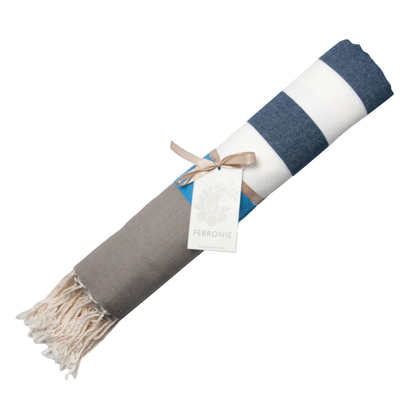 Febronie Fouta Arcachon blanc/taupe clair/bleu jean/bleu azur - 100x200 cm