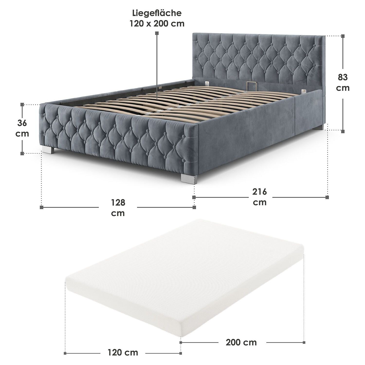 Juskys Polsterbett Nizza 120x200 cm – Matratze, Stauraum & LEDs - Samtbezug mit Steppung - Grau