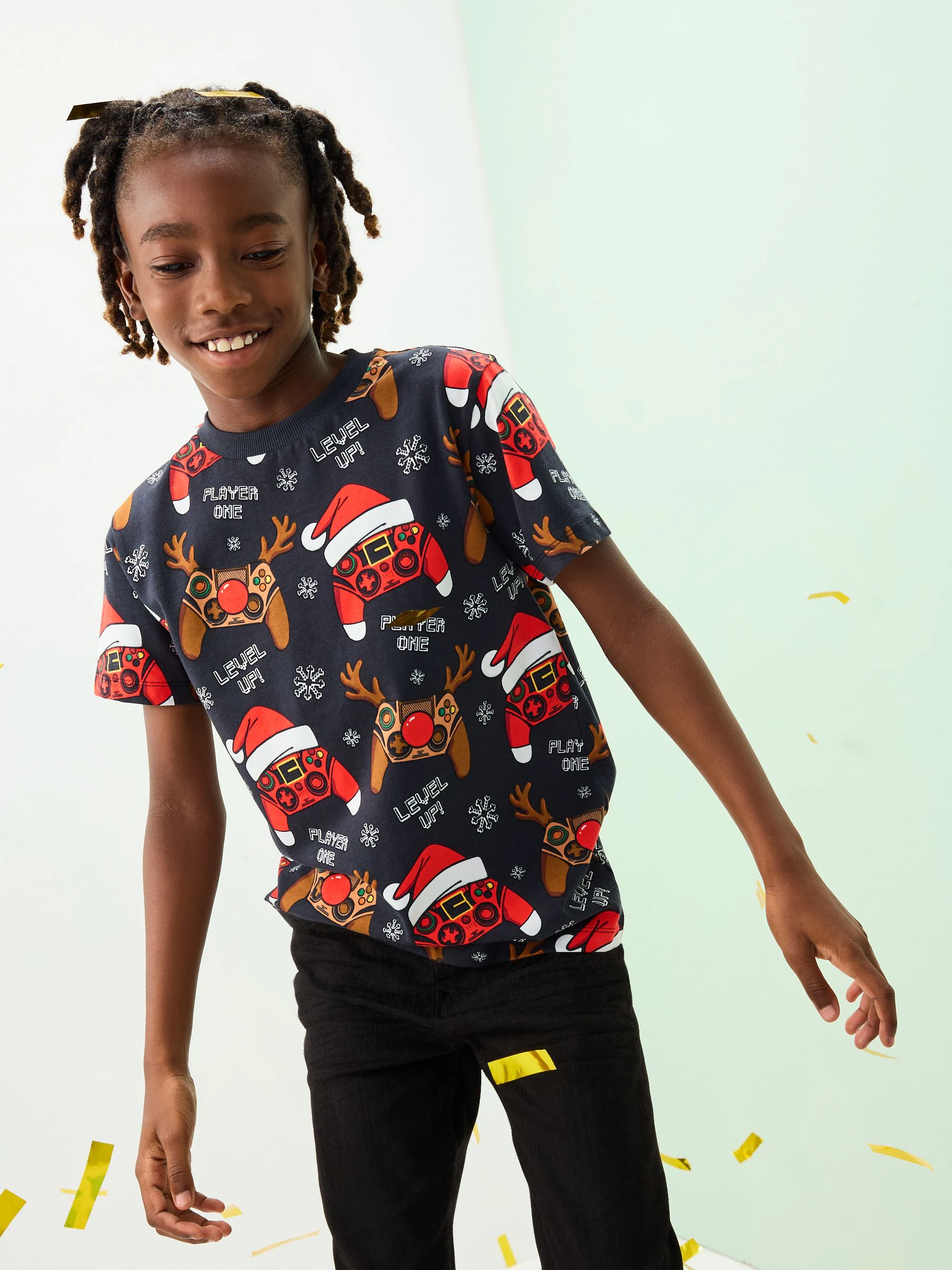 Zwart met controller - Kerst-T-shirt met korte mouwen (3-16jr)