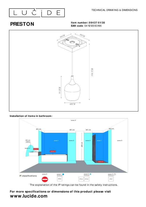 Preston hanglamp badkamer IP44 zwart