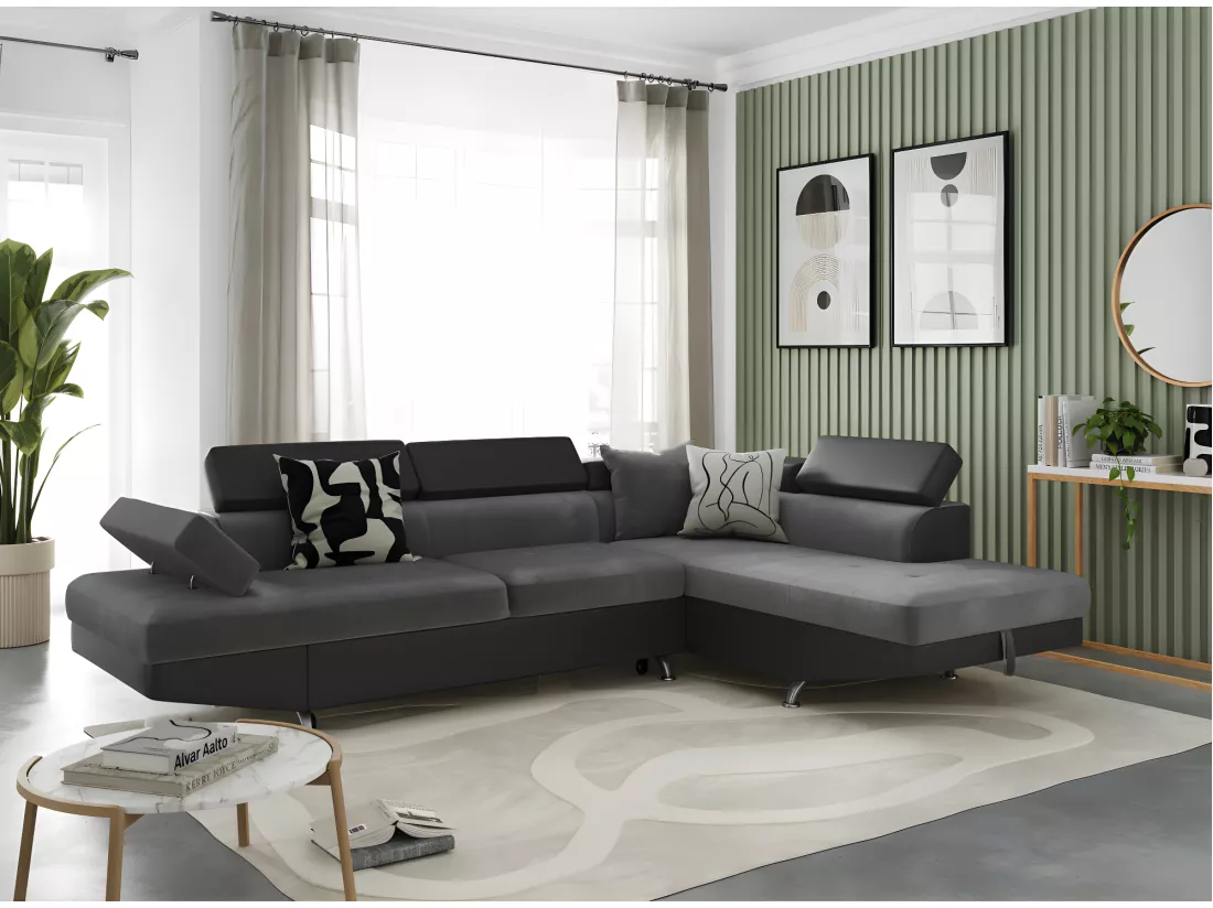Canapé d'angle droit 5 places Rio Convertible avec coffre en microfibre et simili - Gris/Noir - L271 x P192 x H70cm - Loungitude