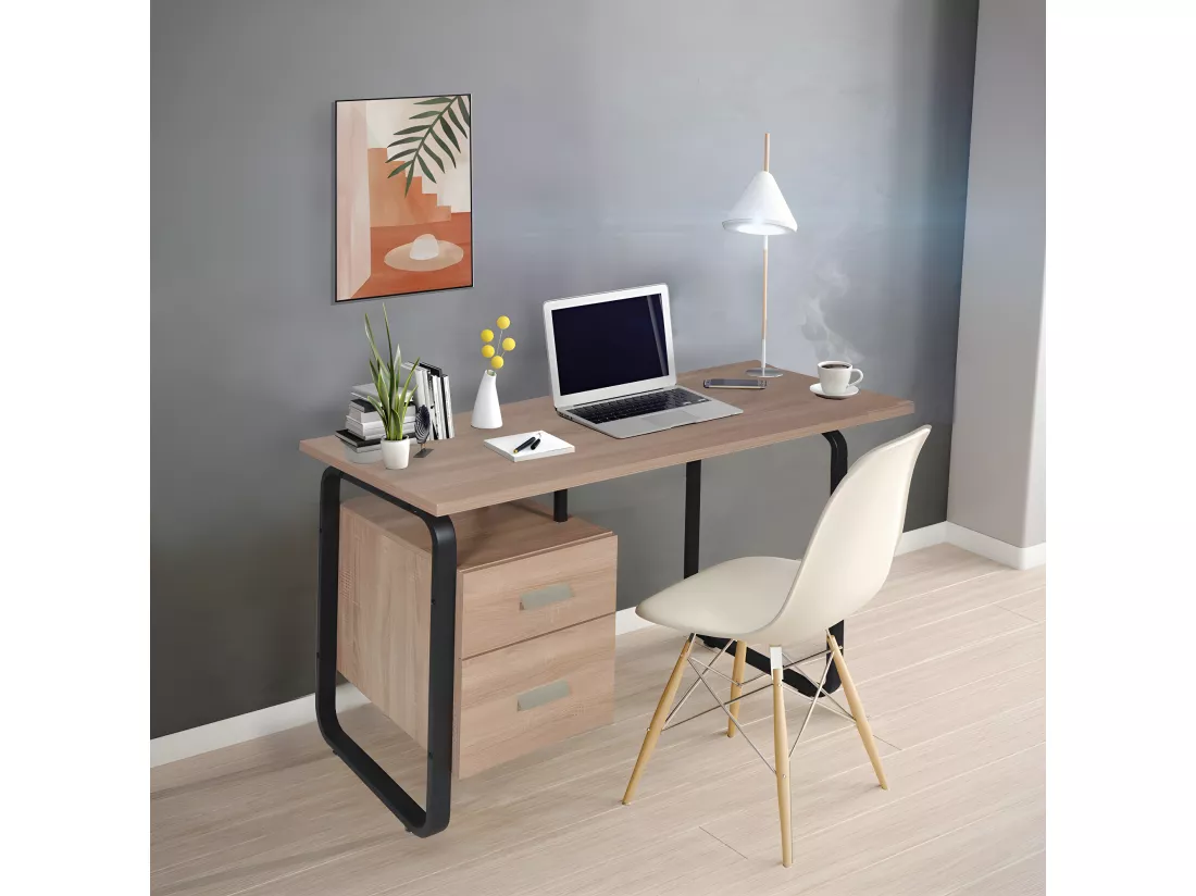Bureau PEARL 120x60cm / Décor Chêne blanchi et métal noir