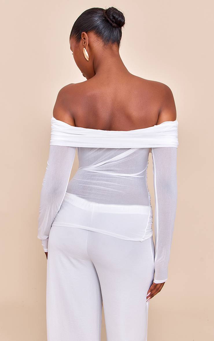 Crème Top À Manches Longues En Mousseline Stretch Avec Détail Bardot Froncé