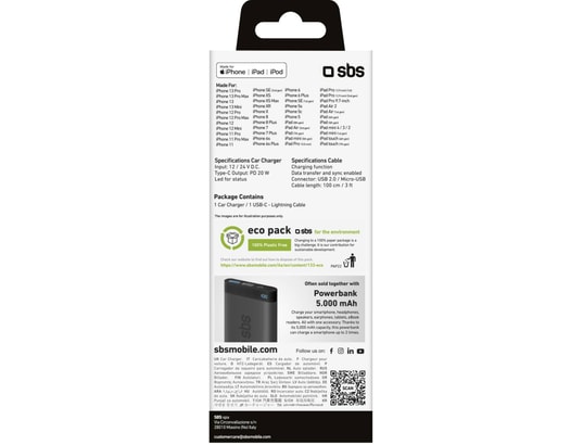 SBS - Chargeur allume cigare Cable 20W lightning blanc