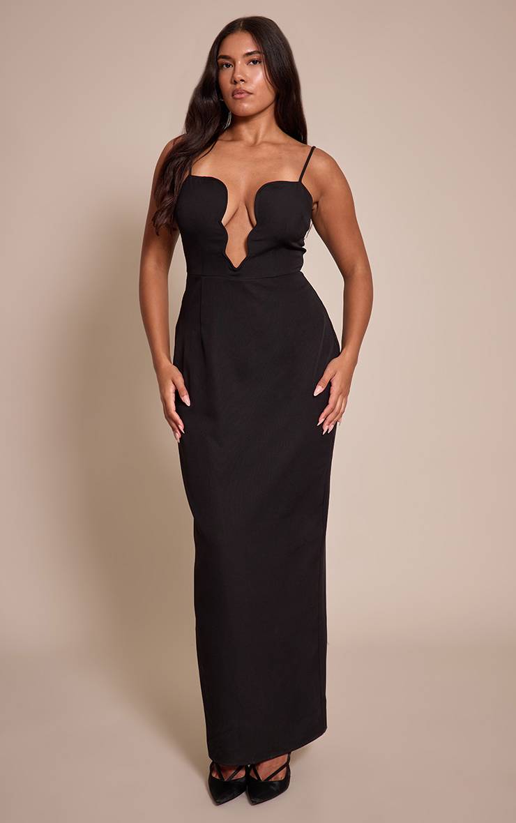 Noir Robe Maxi Moulante À Décolleté Plongeant Avec Bordure Ondulée