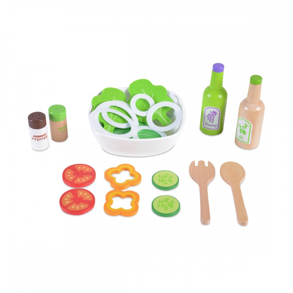 Moni Spielzeug Salat-Set 4303 aus Holz Schüssel Salat Gemüse Salatbesteck Essig grün
