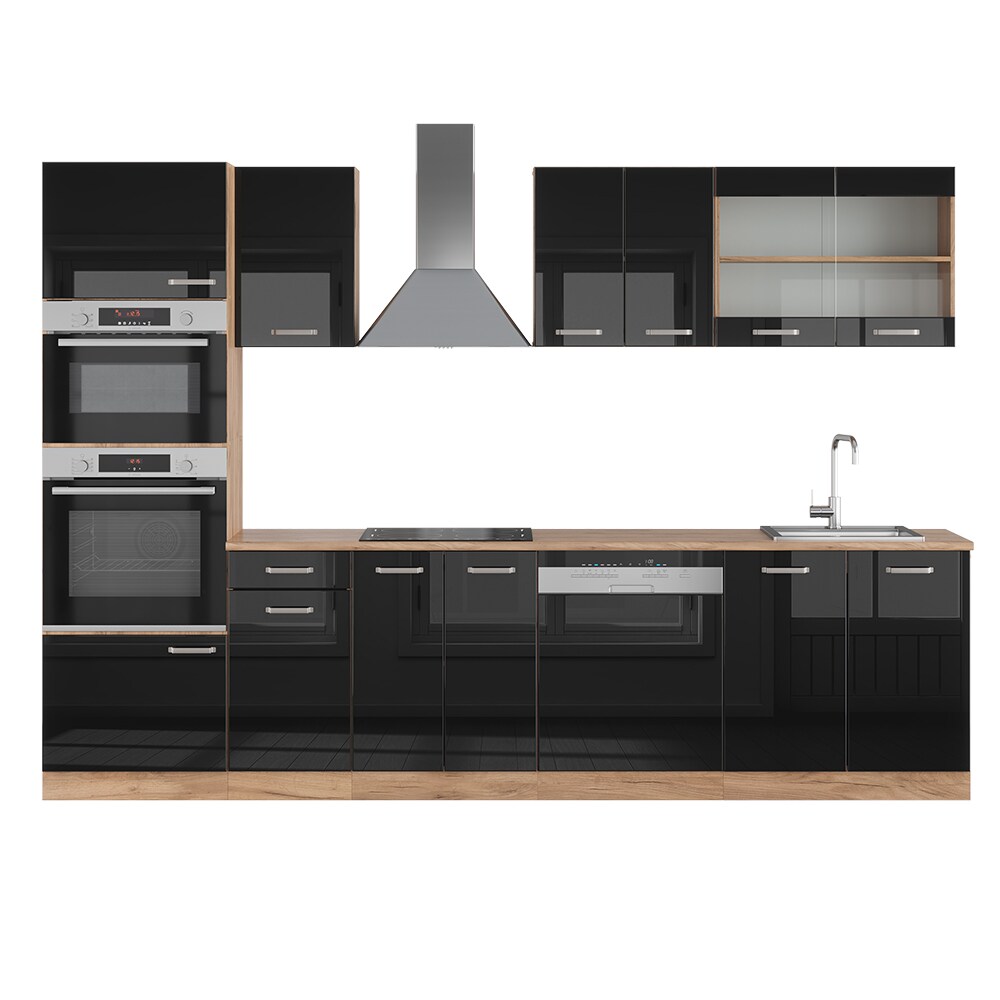 Vicco Küchenzeile R-Line Solid Eiche Schwarz 300 cm modern Küchenschränke Küchenmöbel
