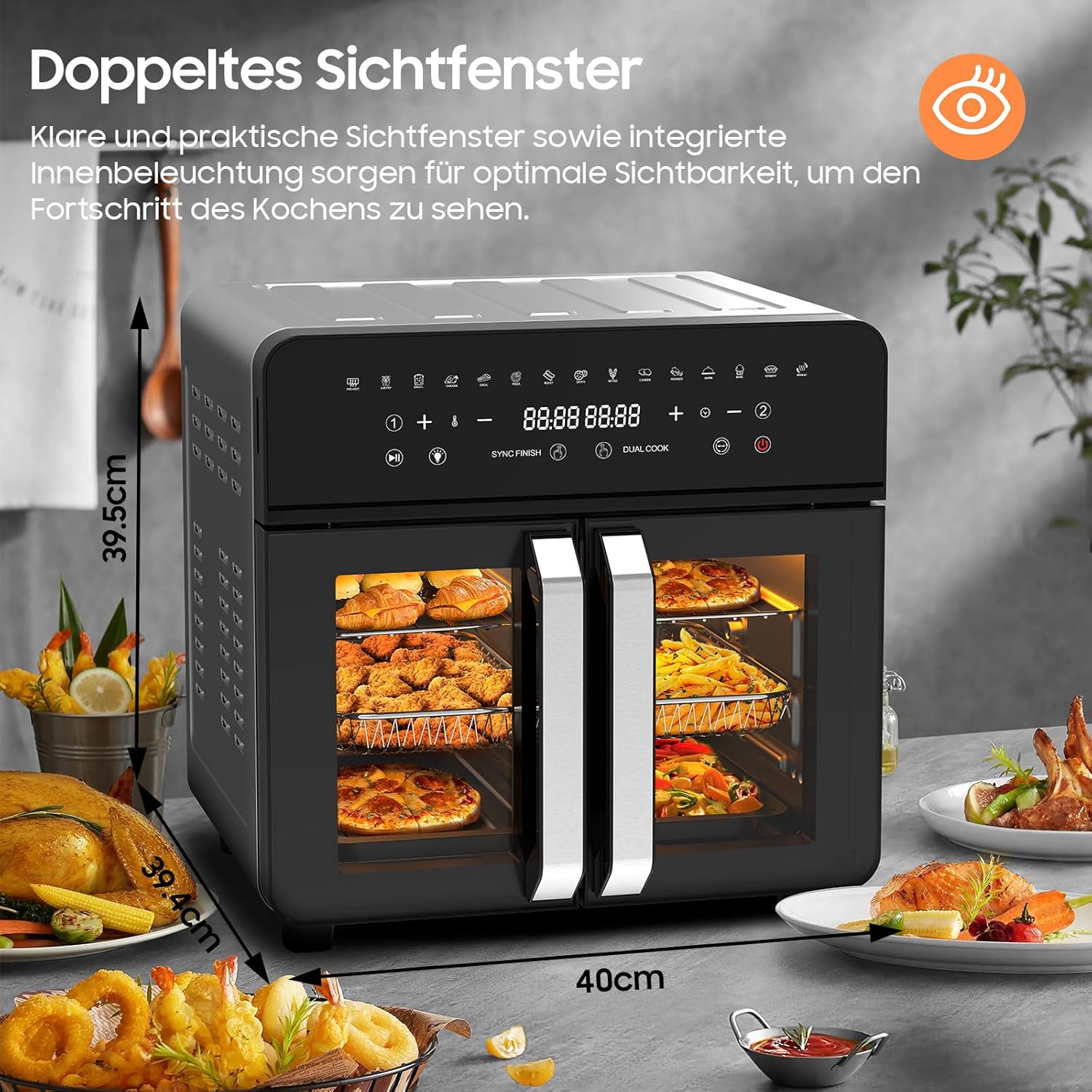 Heißluftfritteuse 23L Dual Zone - XXL Airfryer mit French Door | Heissluftfritteuse Ofen mit Doppelkammer, 15 Programme, 2200W, 12 Zubehör, Herausnehmbarem Trenner für Kochraum, 50-200℃