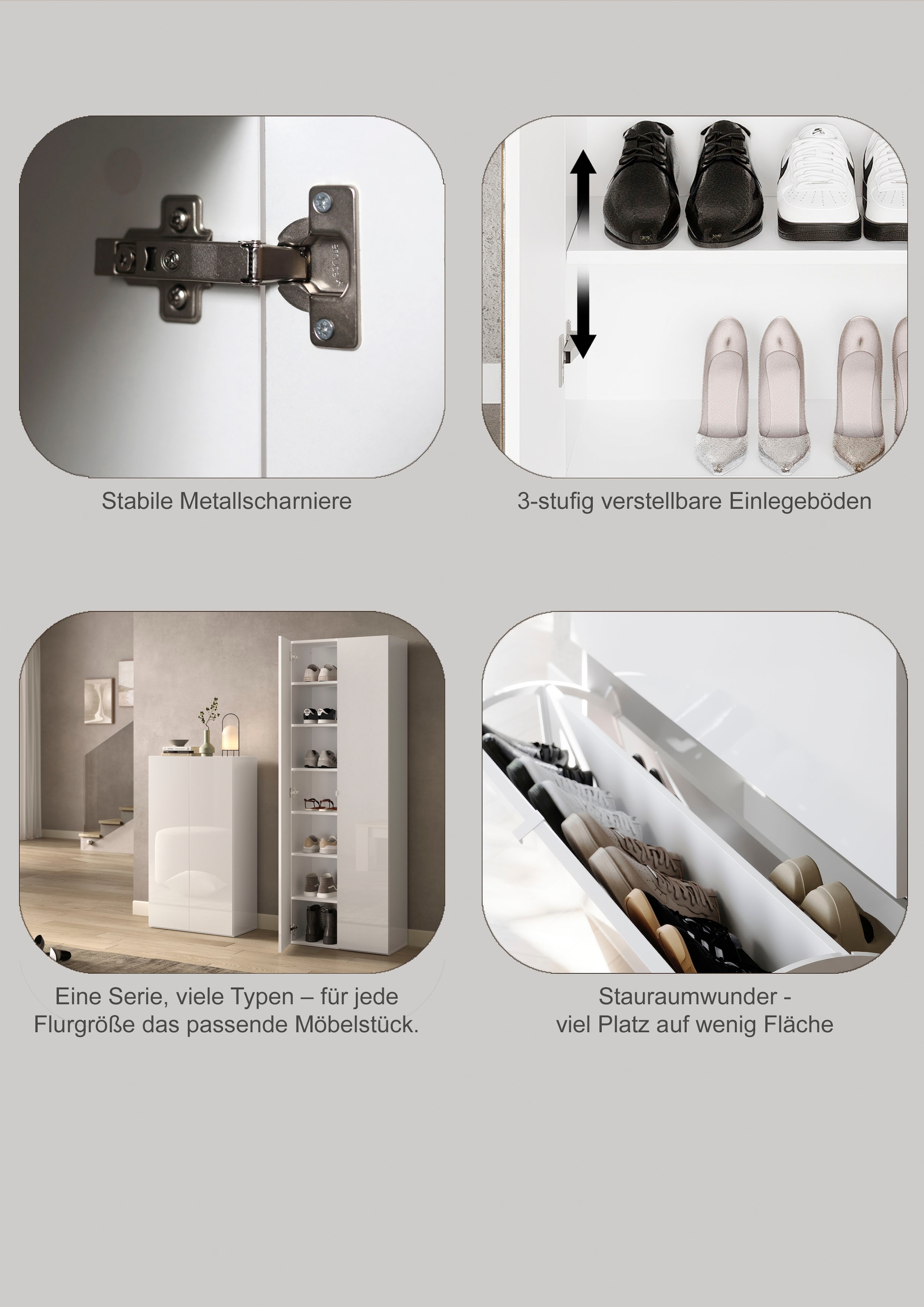 INOSIGN Schuhschrank »SMILE Breite 104 cm, 2 Klappen, komplett Weiss Hochglanz lackiert,« Schuhkipper hängend o. stehend montierbar, 4 Fächer, Metallgriffe