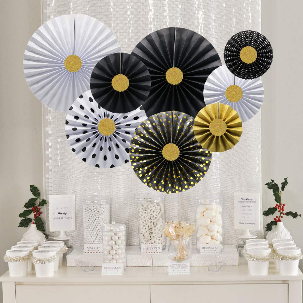 (8er Set) Papier Fächer Deko Rosetten Party / Geburtstag / Hochzeit - Schwarz / Gold / Weiss