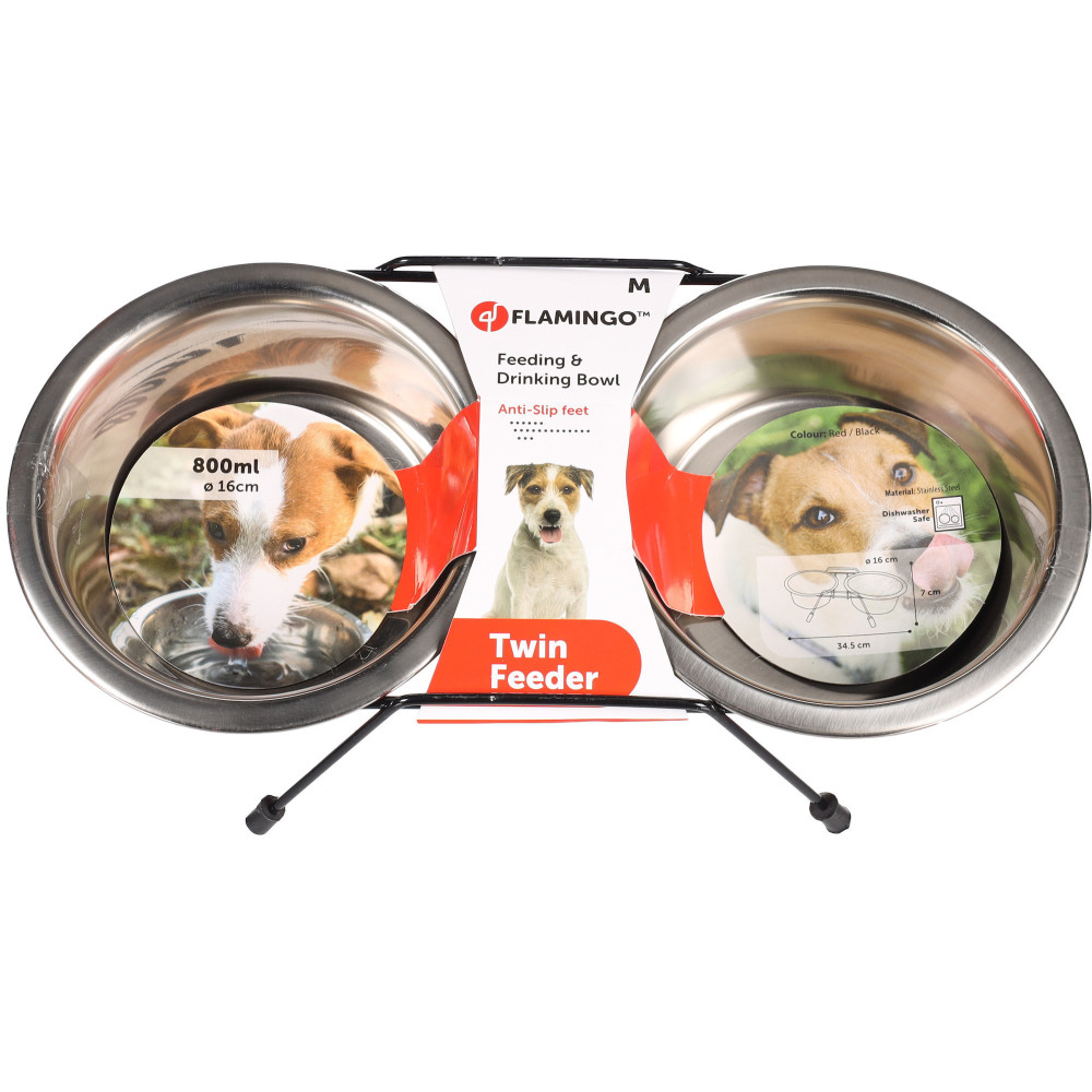 Ecuelle duo ø 16 cm. 800 ml. Avec support arjun. M . Pour chien