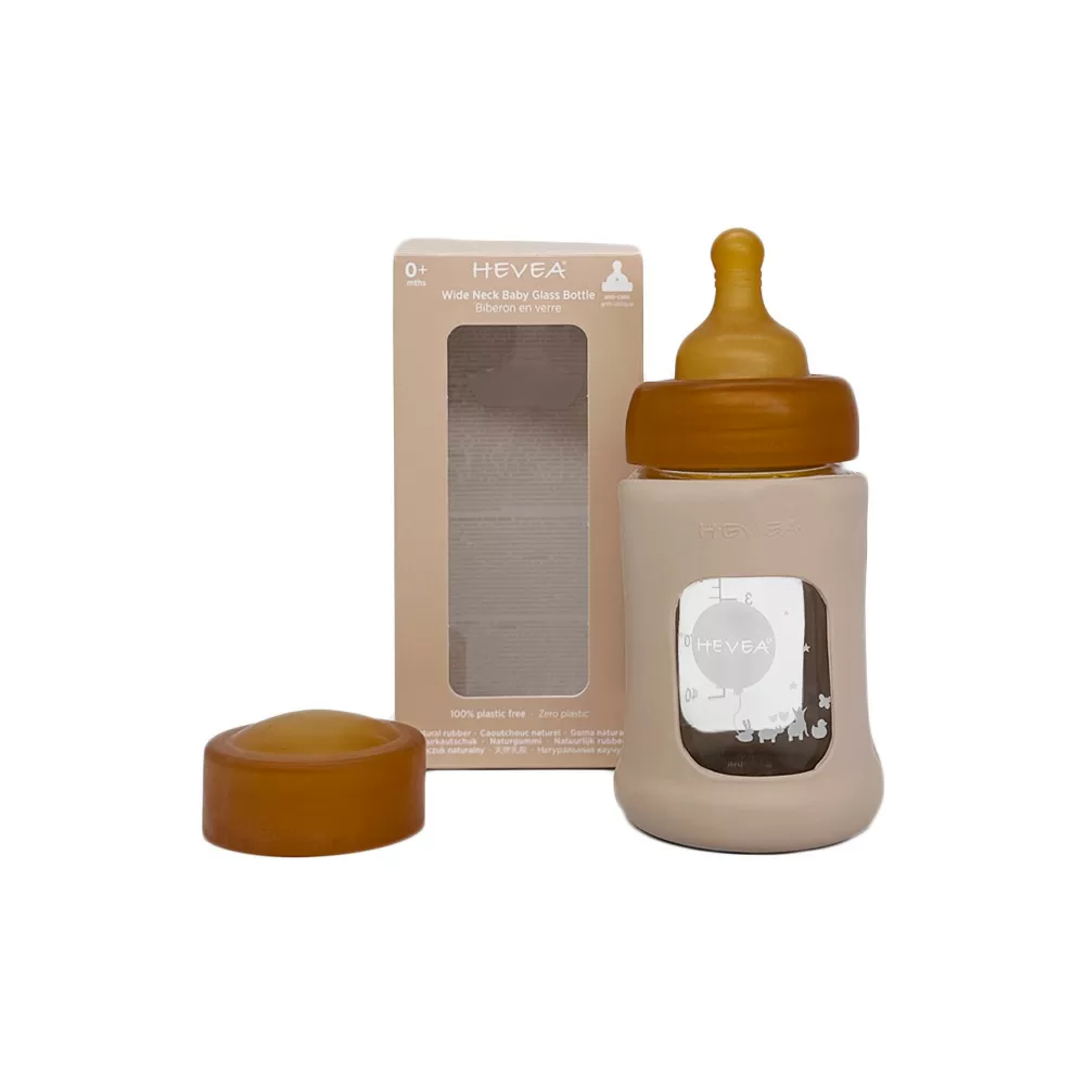Hevea Glas Sutteflaske Wide Neck med Sleeve 150 ml, Sand - 1 stk.