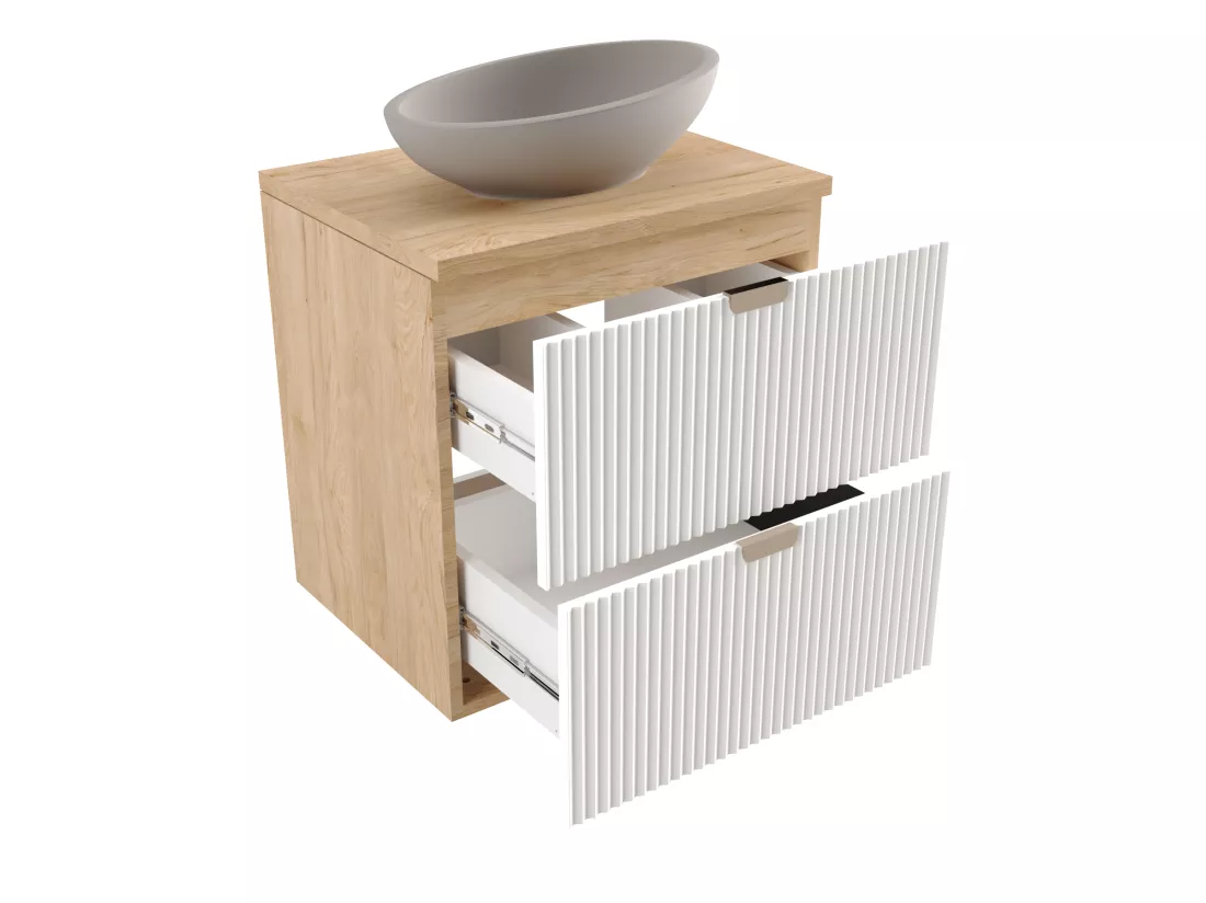 Meuble lavabo WENA, façades cannelées, Willy, 120x60x47 cm, Blanc/Noyer