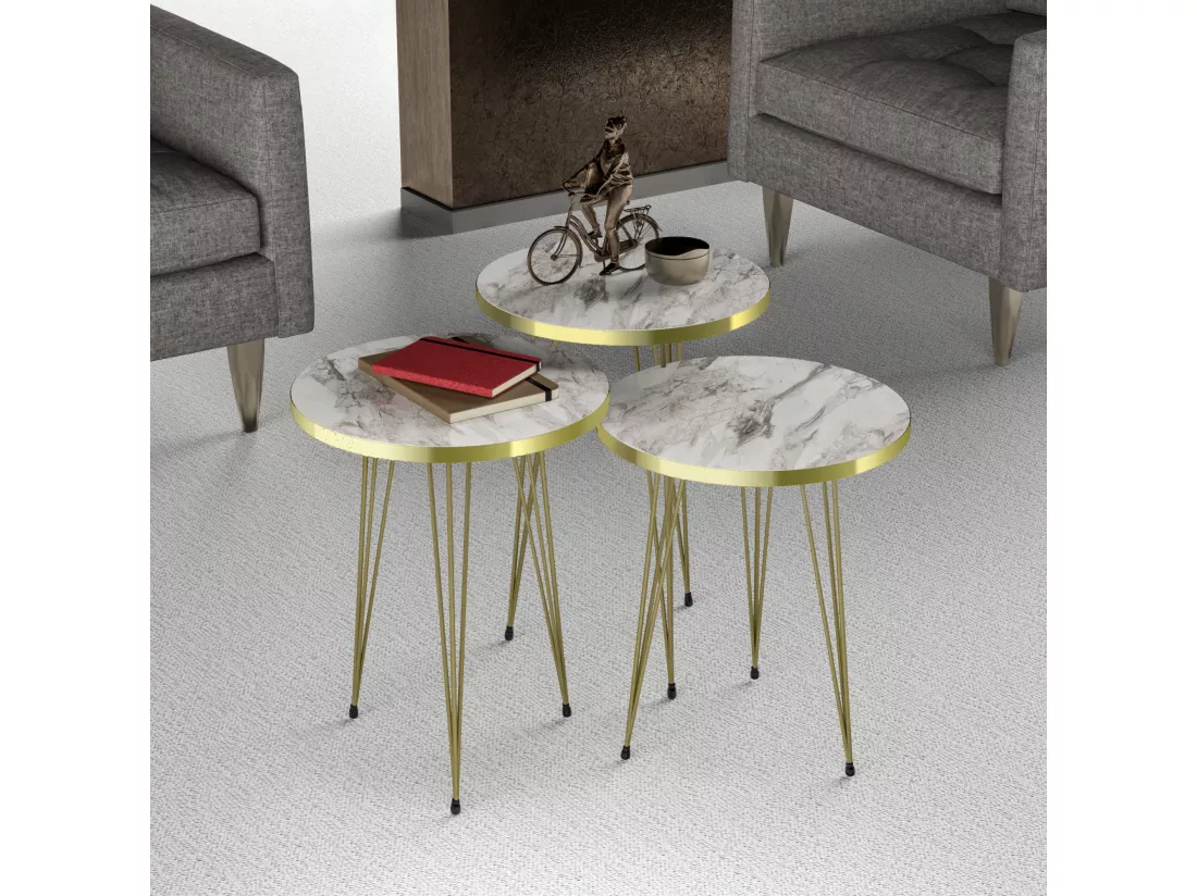 Set de 3 tables d'appoint Ry rondes gigognes marbre blanc or [en.casa]