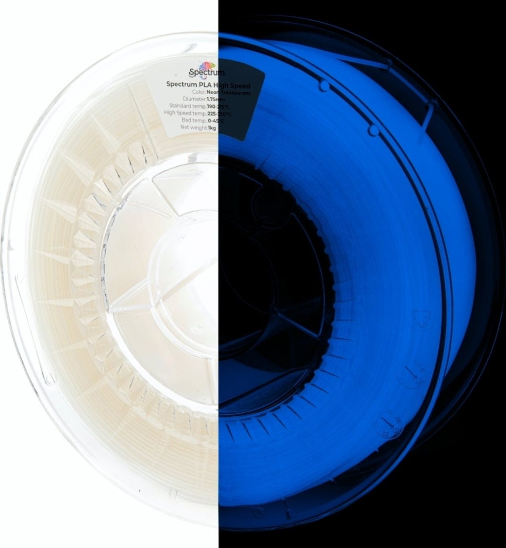 Spectrum  Premium PLA High Speed Neon Transparent UV, 1,75 mm / 1000 g    UV-reaktives PLA Material speziell für den Hochgeschwindigkeitsdruck