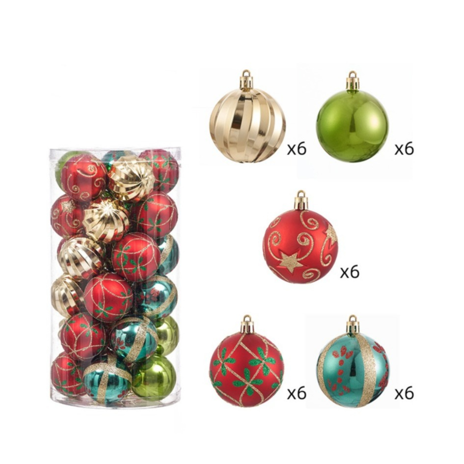 (30er Set) Ø6cm Christbaum Schmuck Glitzer Weihnachtskugeln Tannenbaum Aufhänger Home Deko mit Stern Motiv - Rot / Grün / Gold