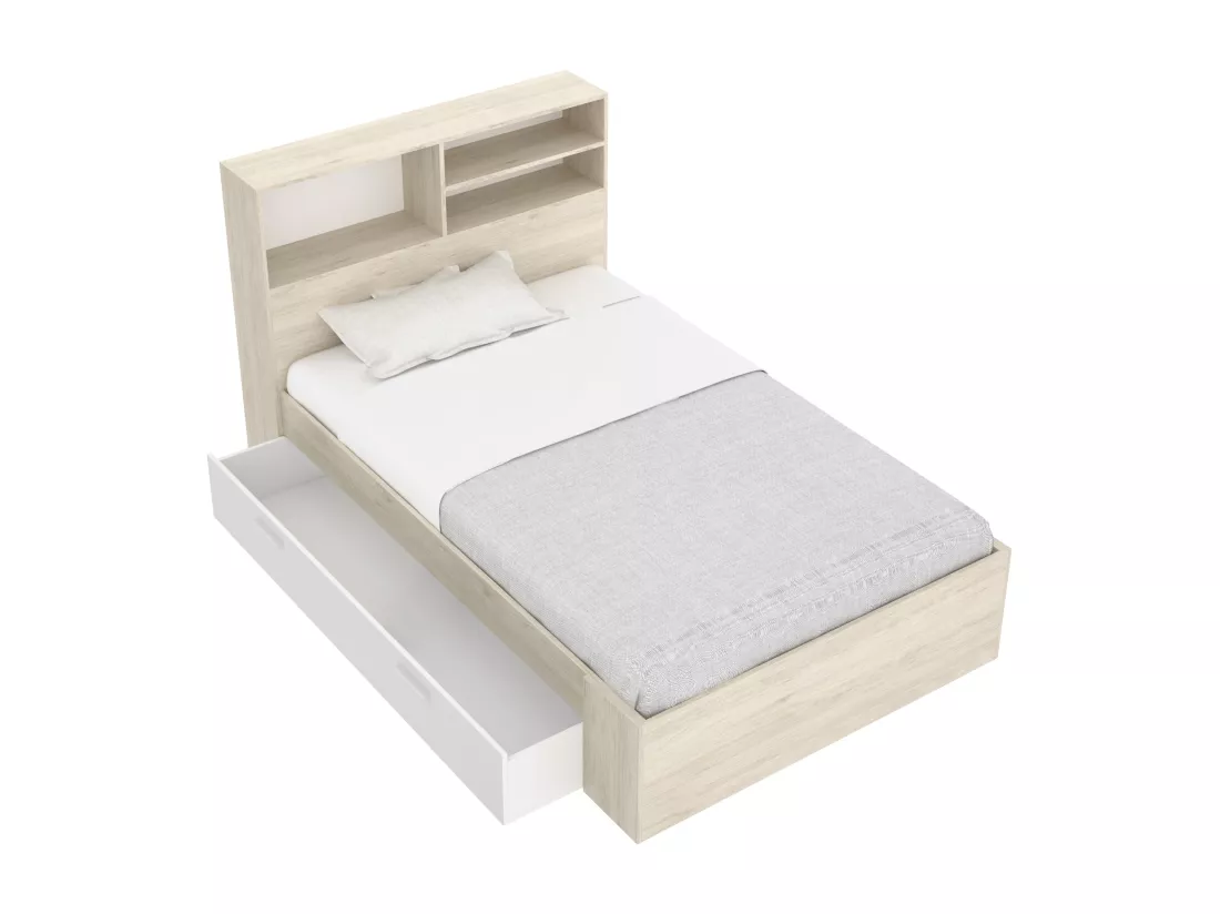 Lit 120 x 190 cm avec rangements - Coloris : Naturel et blanc + Sommier + Matelas - VARDIEL