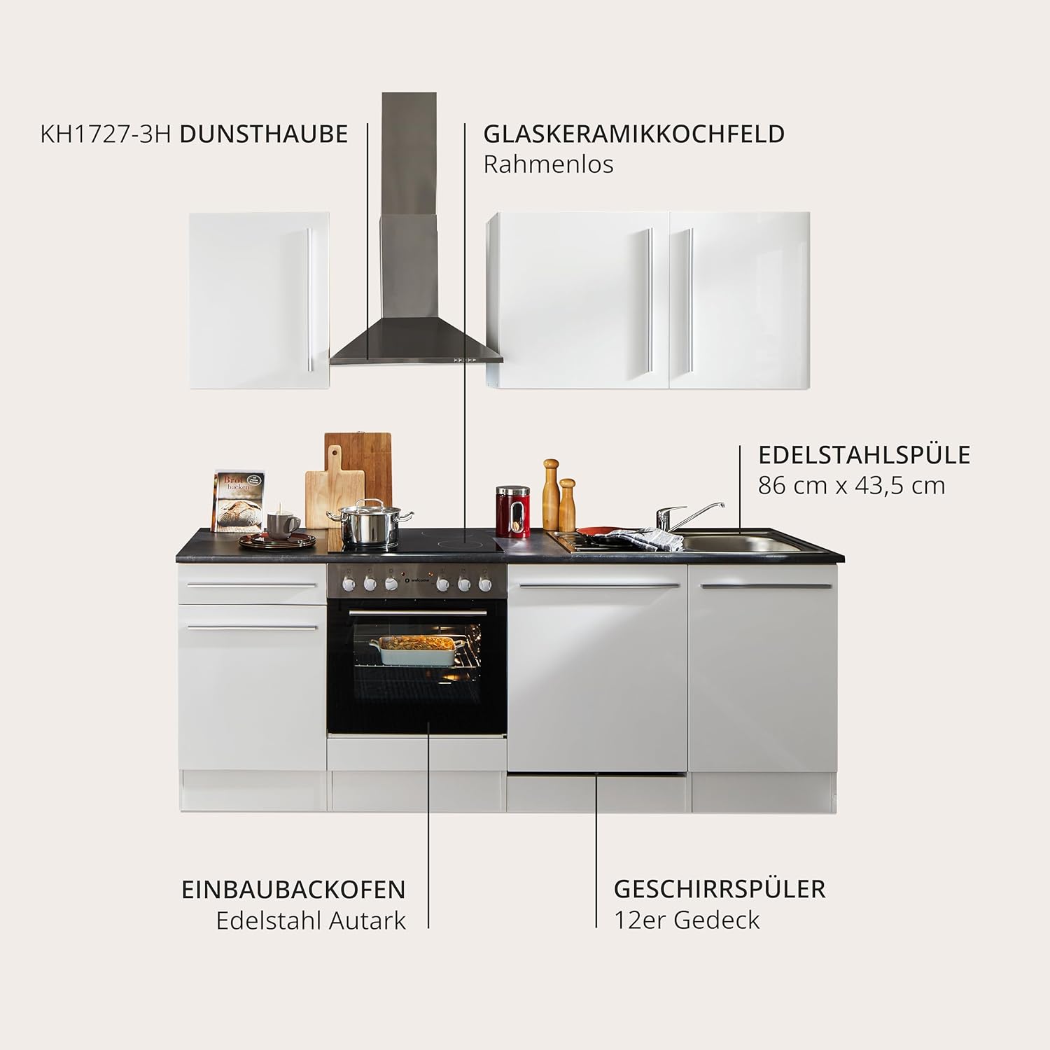 Stella Trading Jazz 8 Moderne Küchenzeile mit Elektrogeräten in Weiß Hochglanz, Metallic Grau - Geräumige Einbauküche mit viel Stauraum - 220 x 212 x 60 cm (B/H/T)