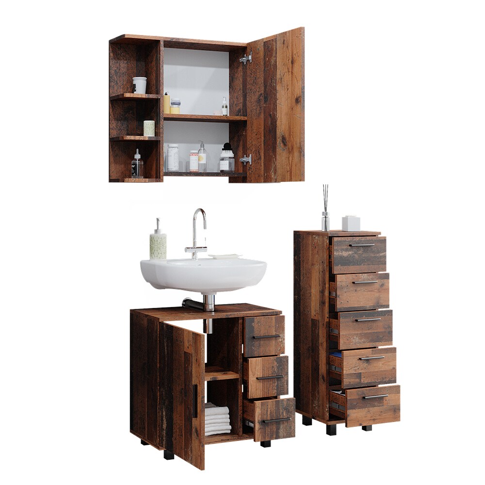 Vicco Badmöbelset Ilias Old Style modern Badezimmerschrank Badschrank Badezimmermöbel Waschtischunterschrank Waschbeckenunterschrank Spiegelschrank Schranktür Schrankfach Schrankschublade