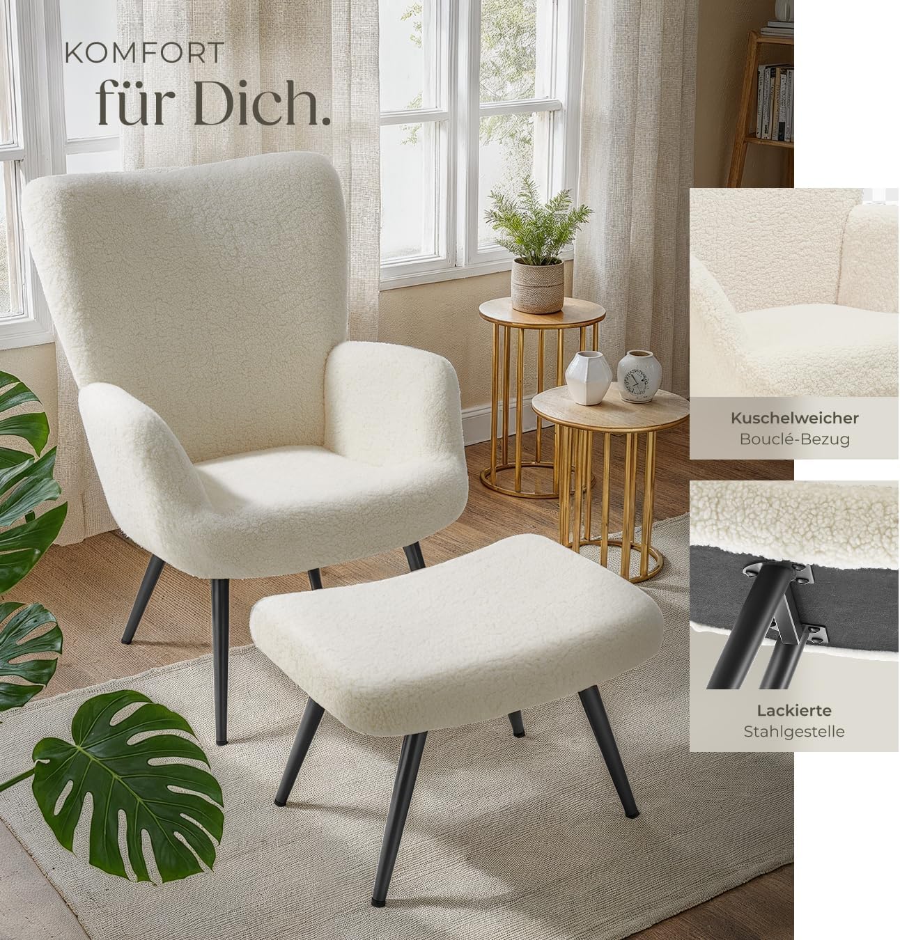 tectake® Skandinavischer Stil Ohrensessel, Sessel Hygge mit Hocker, Breitcordbezug, Sessel Wohnzimmer, Schlafzimmer, Esszimmerstuhl, Statement Loungesessel, belastbar bis 150 kg - Bouclé creme/schwarz