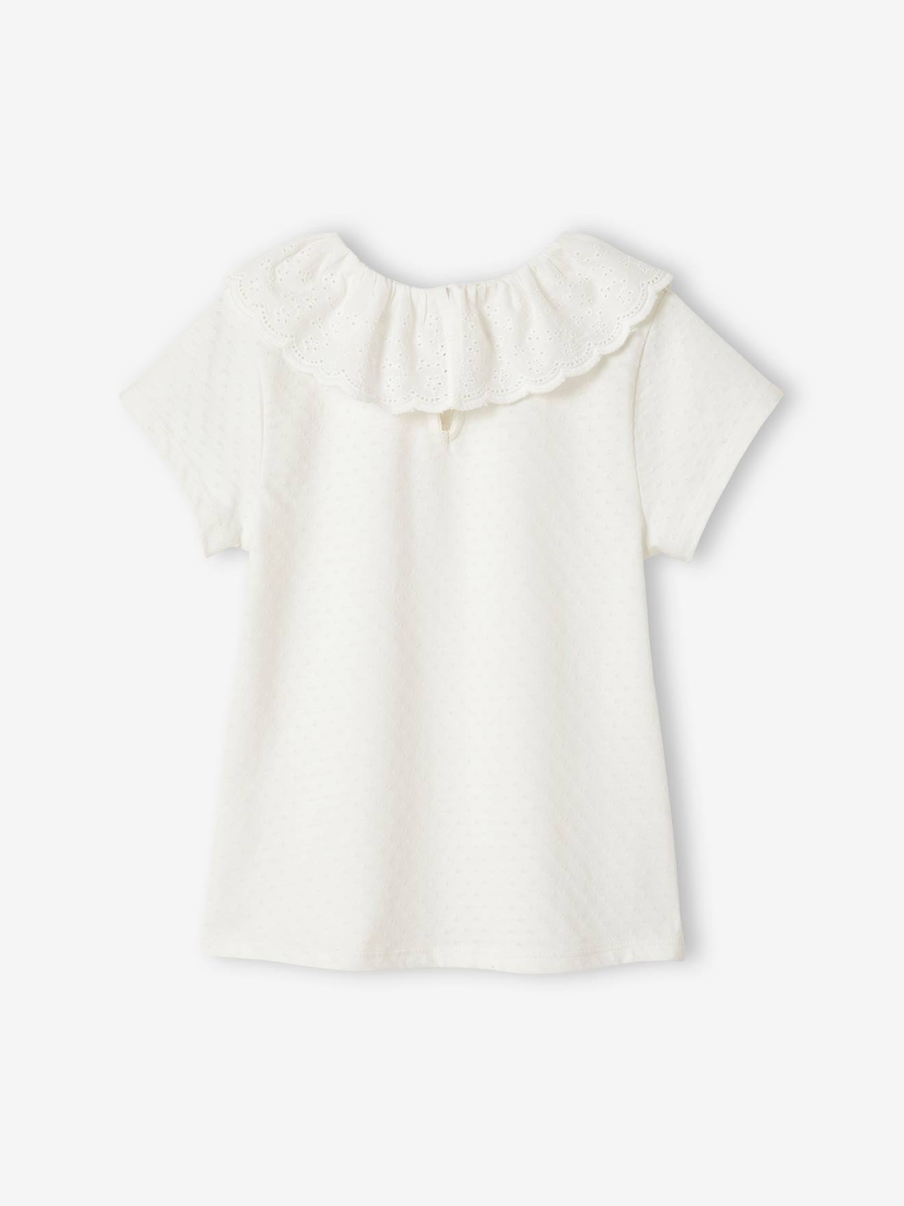 Camiseta infantil com gola bordada em estilo inglês, cor rosa antigo.