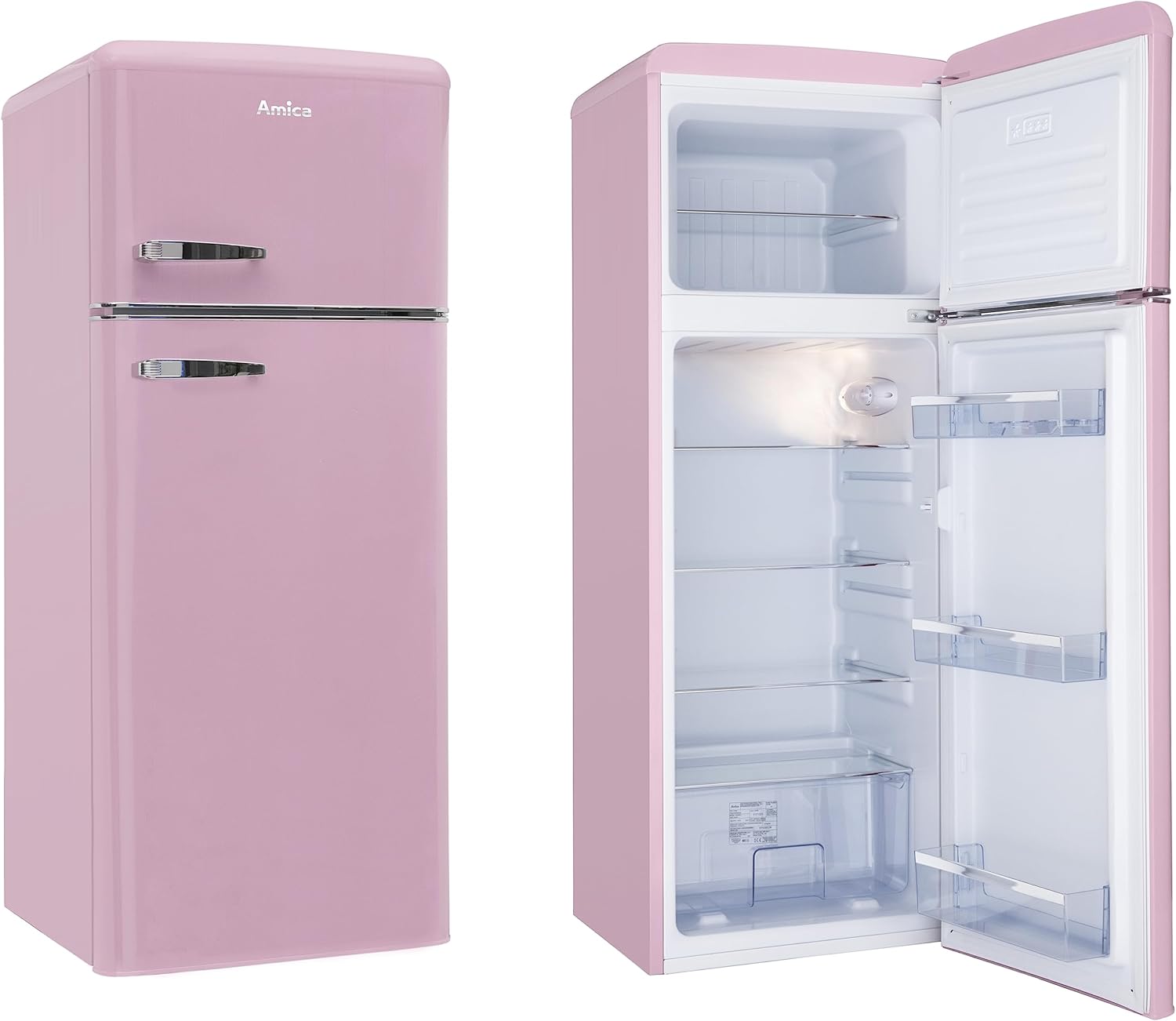 Amica KGC 15636 P Retro Kühl-/Gefrierkombination / Cupcake Pink / 144cm (H) x 55cm (B) x 62cm (T) / Retro-Design / Kühlschrank mit Gefrierfach