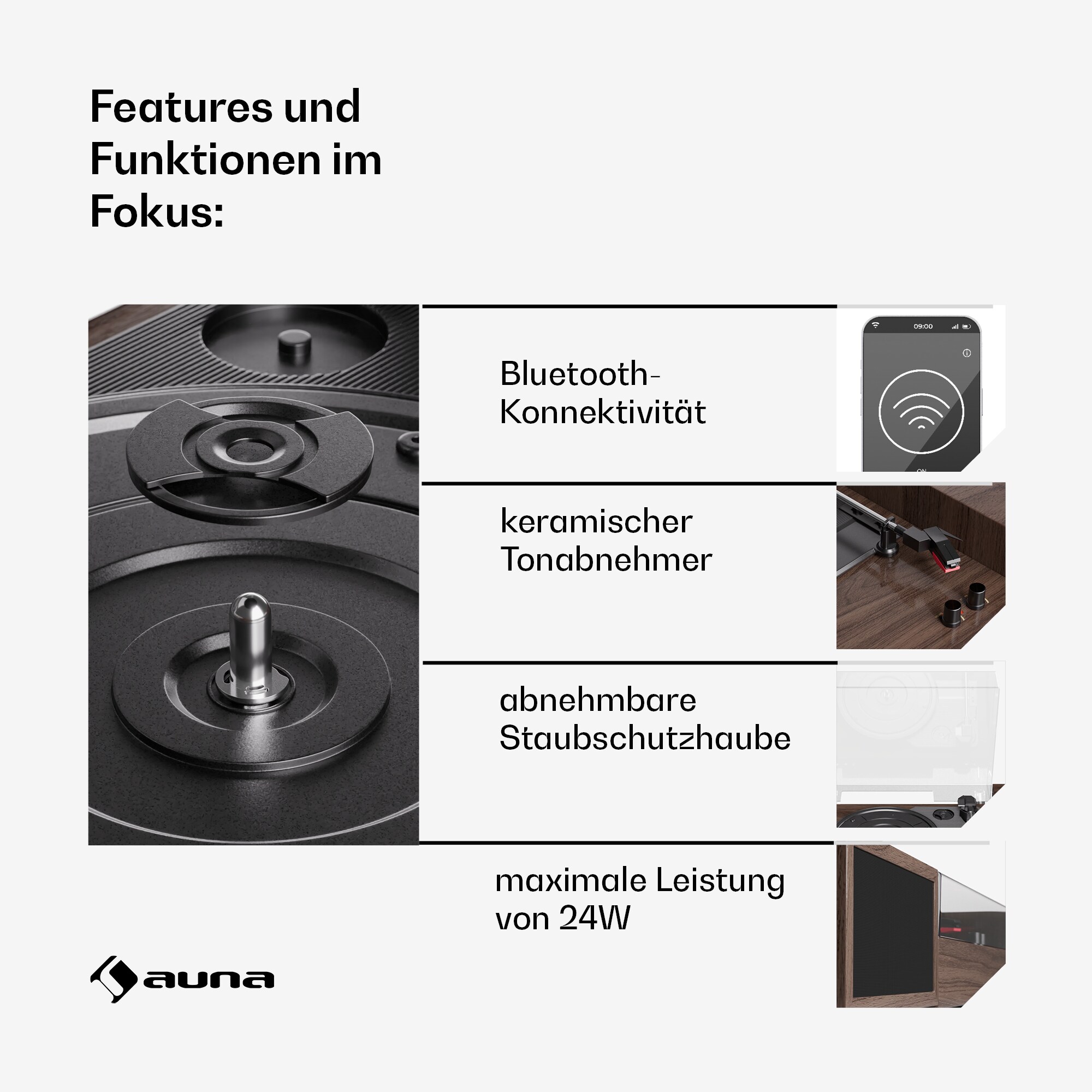 TT-Play 2x10W BT RCA-Out 3 speed Plattenspieler Schallplattenspieler 3 Geschwindigkeiten Bluetooth