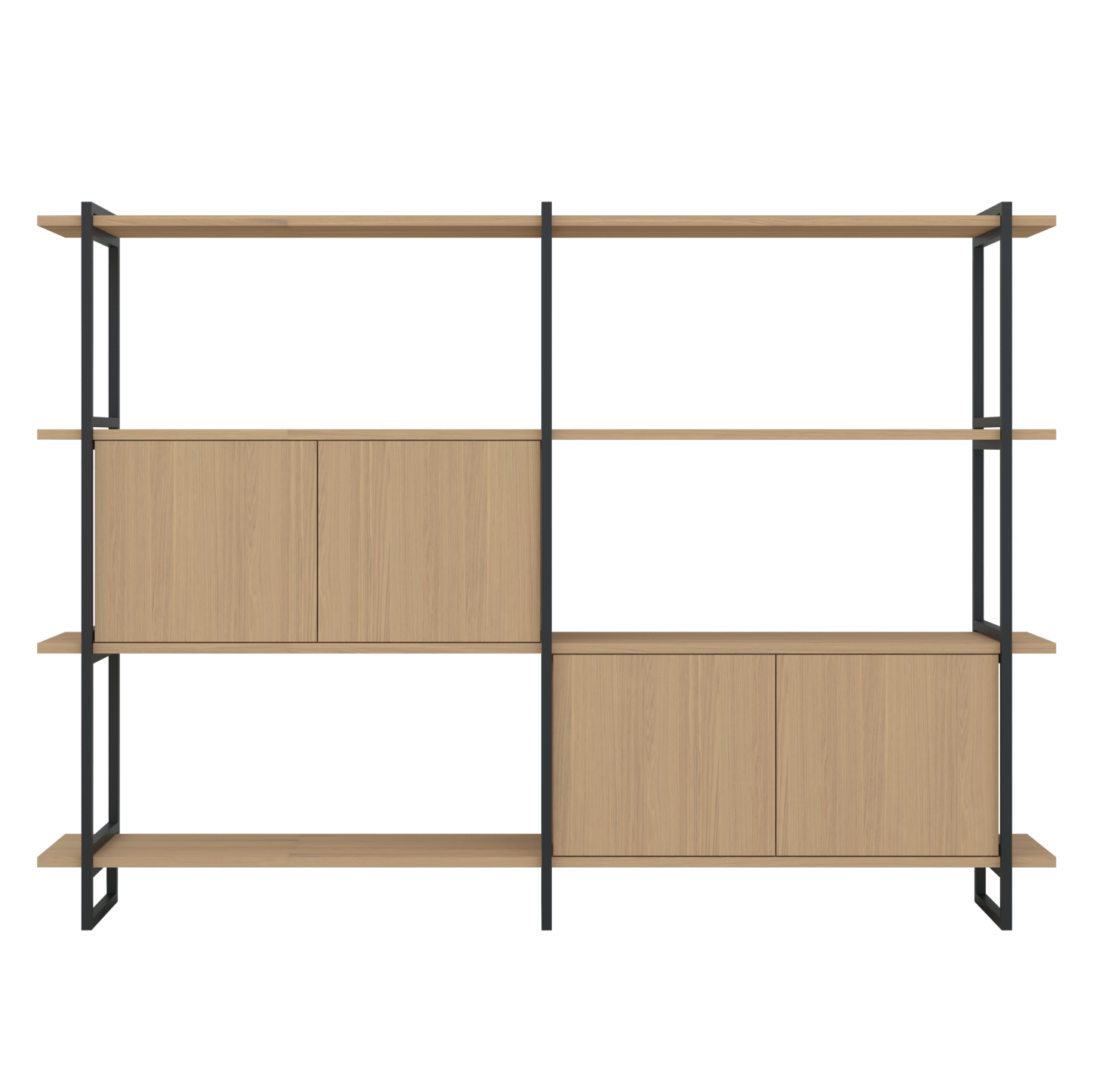 Modular Cabinet MC-4L Wandkast Hardwax Olie 3041, 4 x plank Medium, 2 x Closed Oak Cabinets, Zwart Frame