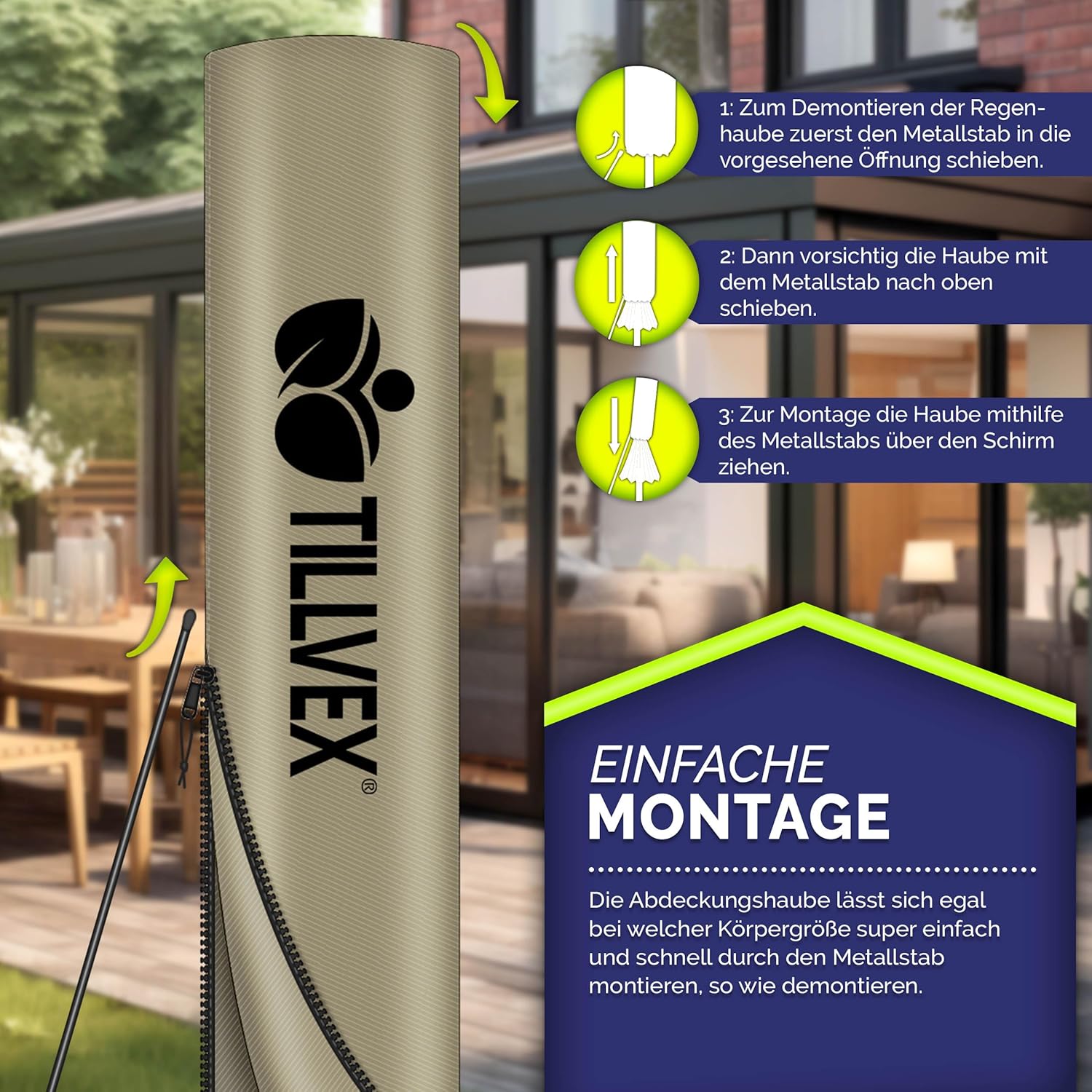tillvex® Premium Alu Sonnenschirm 330 cm + Abdeckung & Windsicherung | Ampelschirm 6-Fach verstellbar mit Kurbel | Gartenschirm 360° Drehbar Neigbar Kippbar | UV50+ wasserdicht