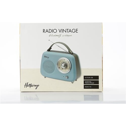 Radio Halterrego Enceinte/Radio retro RMS 5W, Bluetooth, Radio FM, lecteur USB, Aux IN, Batterie rechargeable, Bleu gris