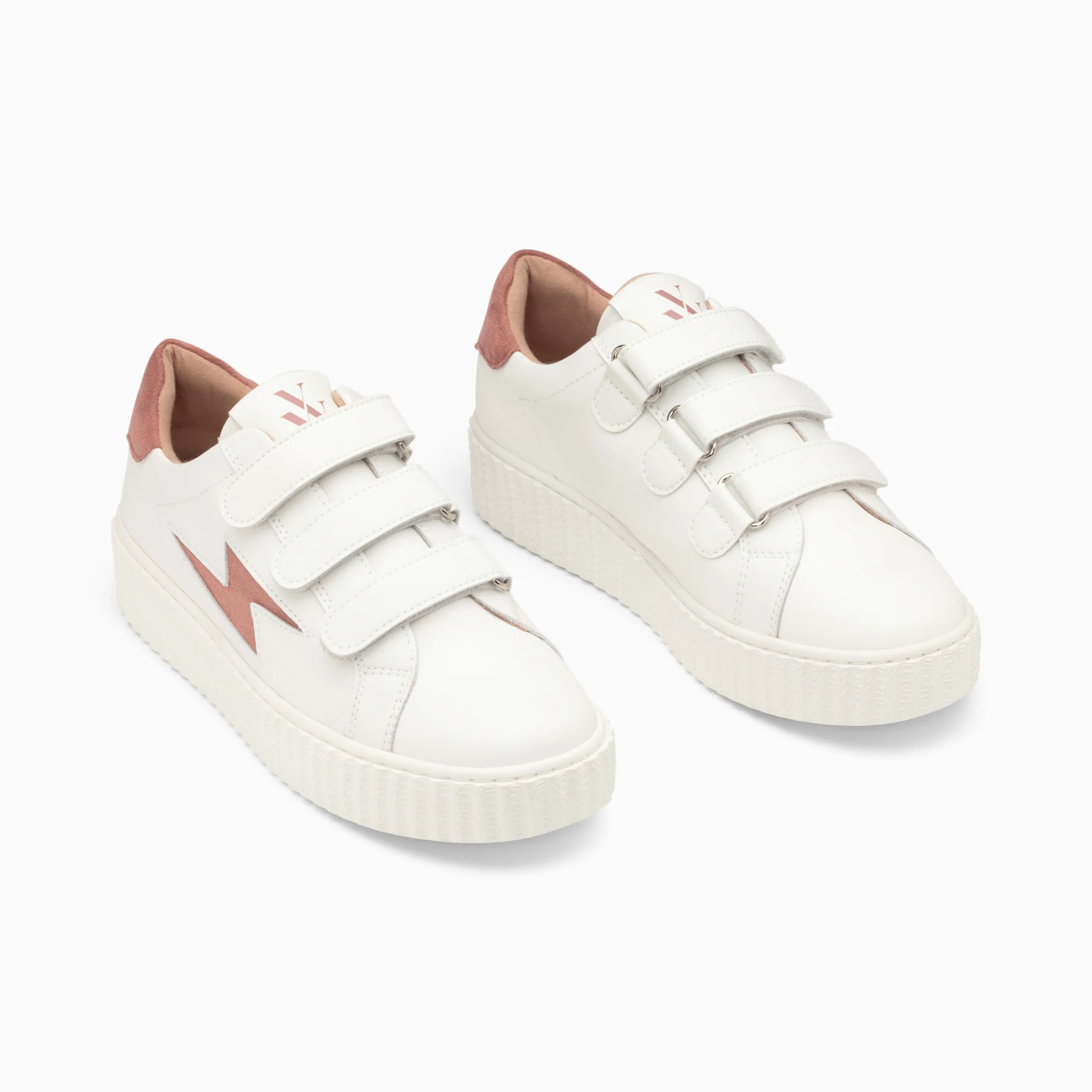 Sneakers-Baskets éclair Vicky blanc et vieux rose à scratchs