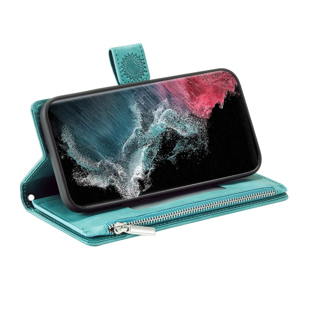 Samsung Galaxy S23 Ultra 5G Leder Tasche Flip Cover mit Reissverschluss - Mandala Flowers Imprint - Türkis