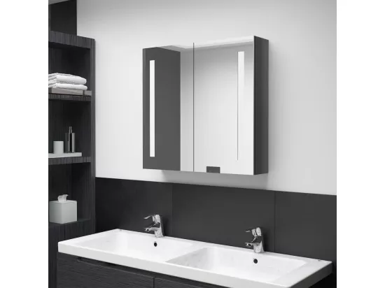 Armoire de salle de bain à miroir LED Gris brillant 62x14x60
